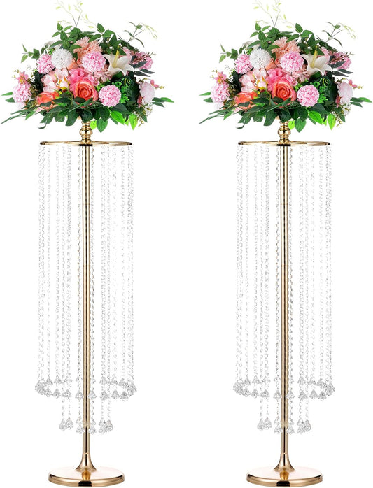 2 Pcs 47.2" Tall Large Gold Vases for Centerpieces Crystal Flower Stand for Wedding Centerpieces, Gold Flower Vase for Quinceanera Decorations Flower Centerpieces for Wedding Aisle Decorations Stands