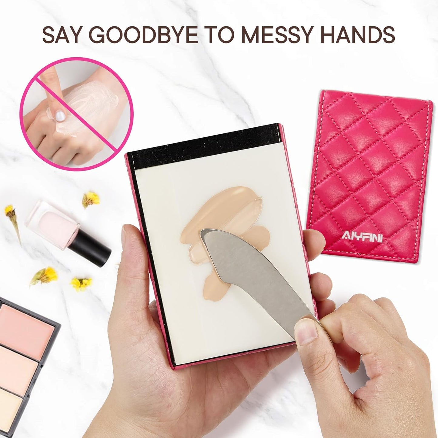 Pocket Makeup Palette Mirror for Purse - 100 Disposable Sheets & Spatula, Small Travel Toiletry Essentials, Handheld Foundation/Lip/Nail Color Mixing Tray, Makeup Artist and Enthusiasts Gift