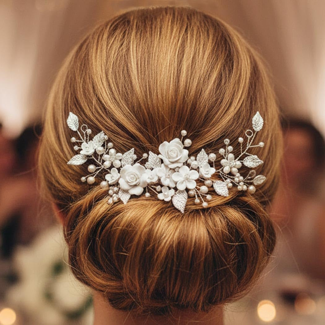 Flower Bride Wedding Hair Vine Pearl Bridal Headpiece Leaf Hair Accessories Hair Piece for Women and Girls (A Silver)