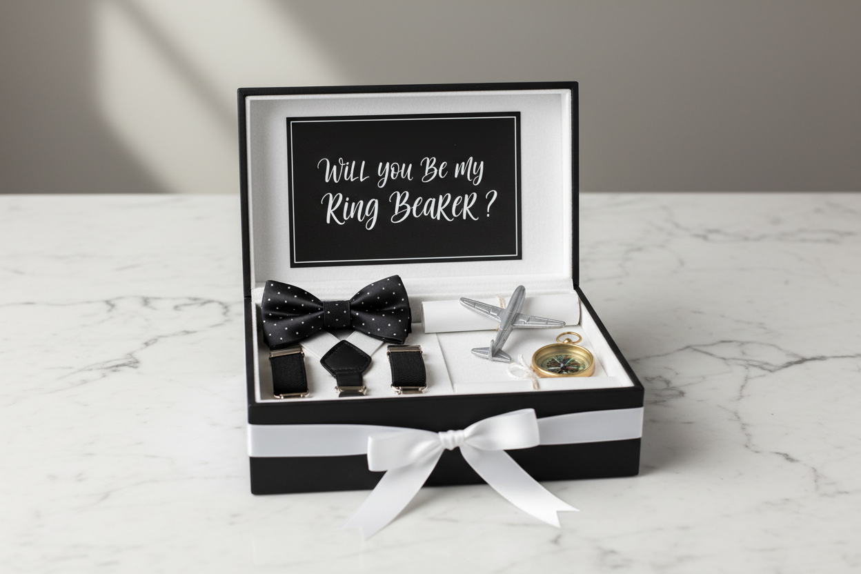 Black and White Ring Bearer Proposal Box Gift Set for Young Boy