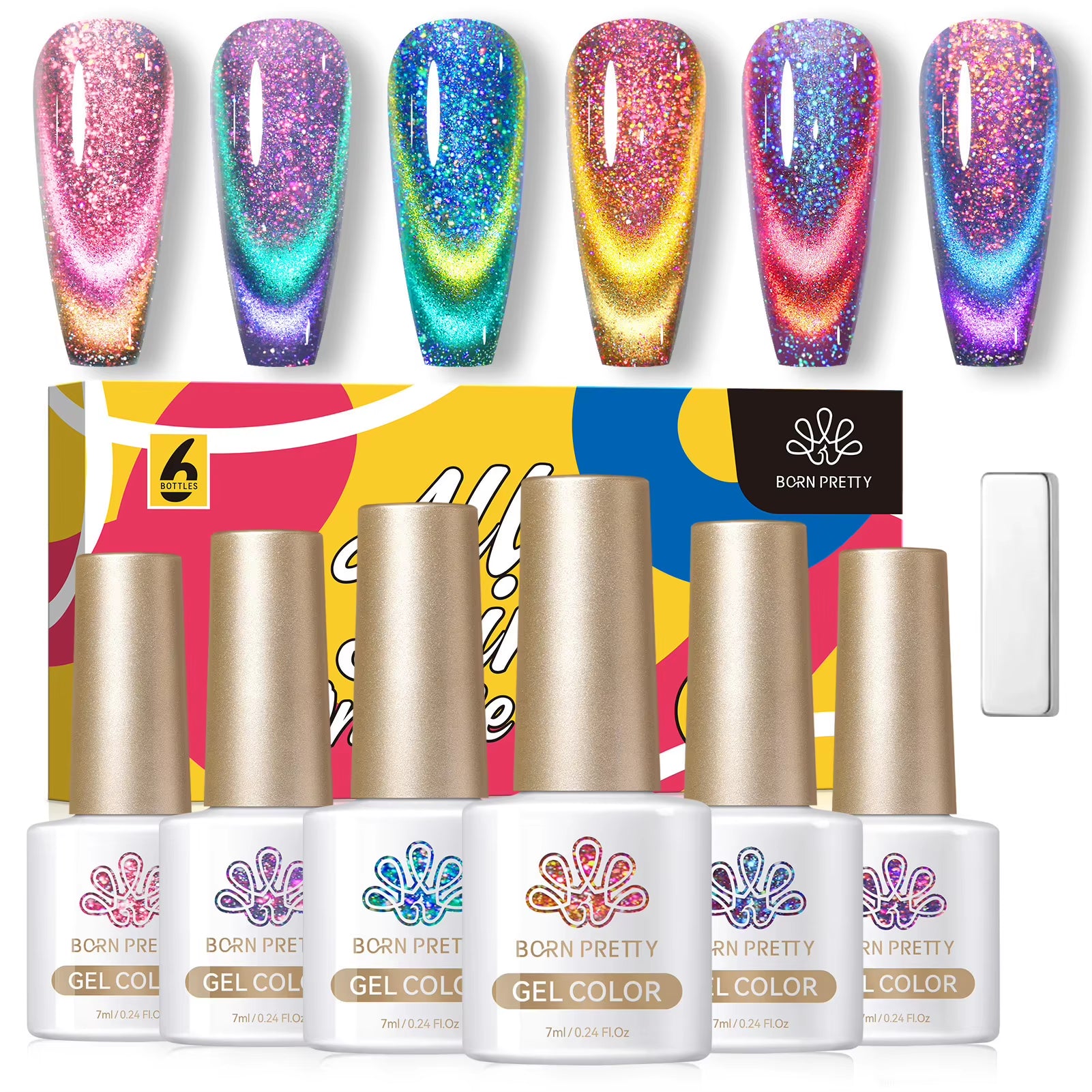 6PCS Pink Ocean Cat Magnetic Nail Gel Polish Set - Holographic Jelly Manicure Kit for Salon-Quality Art