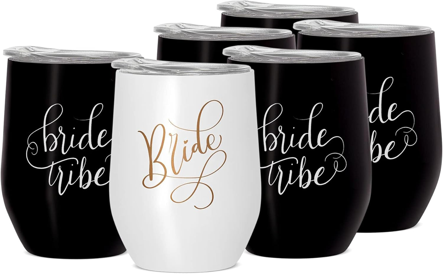 Bride & Bride Tribe Stainless Steel Wine Tumblers with Lids for Bachelorette Parties, Weddings, Bridesmaid Gifts, Reusable, 12Oz - 6 Piece Set (Black)