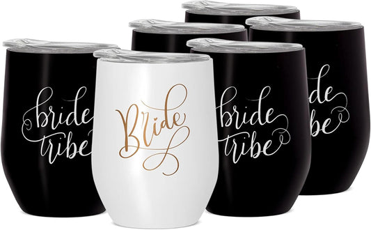 Bride & Bride Tribe Stainless Steel Wine Tumblers with Lids for Bachelorette Parties, Weddings, Bridesmaid Gifts, Reusable, 12Oz - 6 Piece Set (Black)