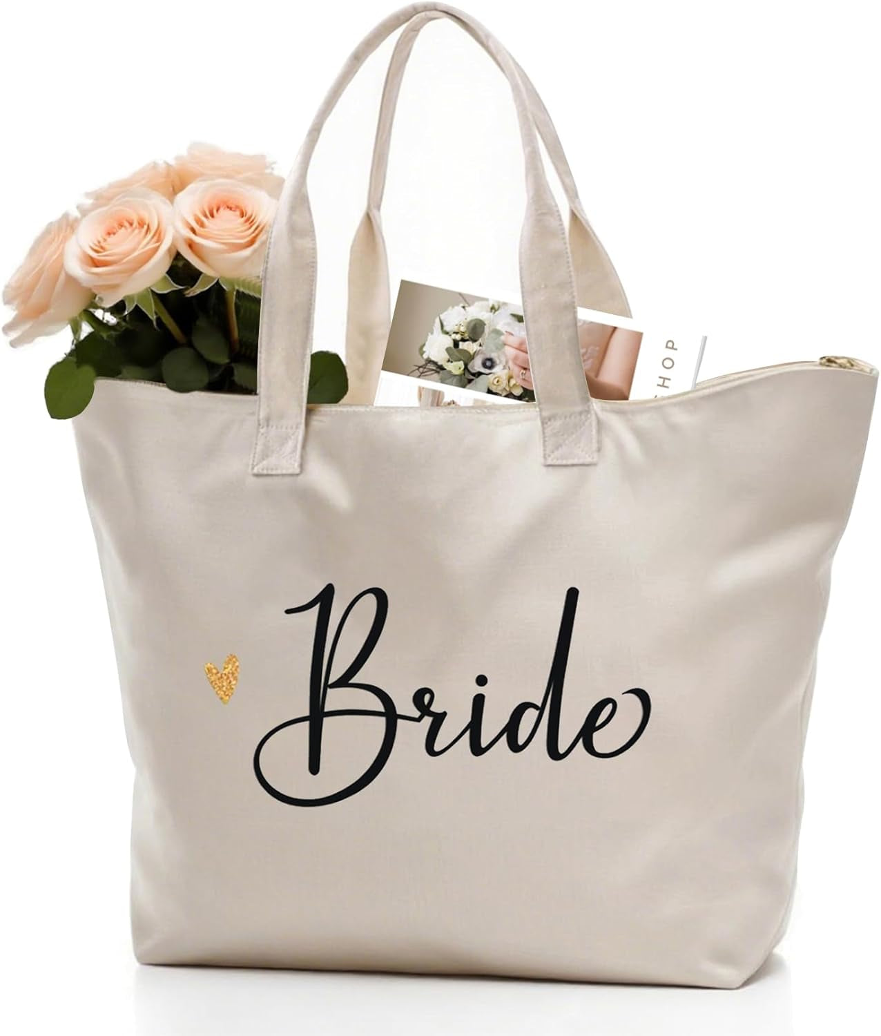Bride Gifts Bride Bag for Wedding Bachelorette Engagement Party Accessories Bridal Shower Gifts Cotton Beach Canvas Tote Shoulder Bag with Zipper and Pocket