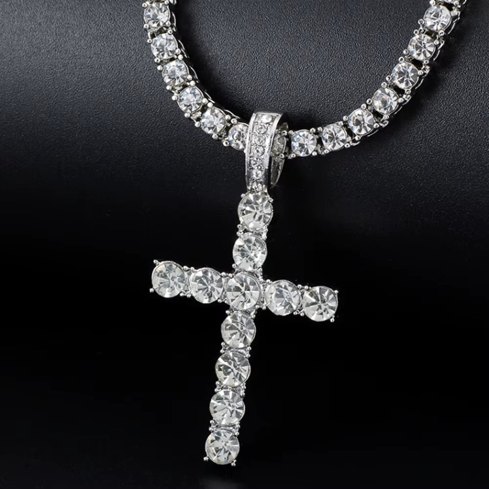 Stylish Hip Hop Cross Pendant Necklace with Zircon Tennis Chain - Iced Out Bling Jewelry for Men and Women - Perfect Fashion Gift!