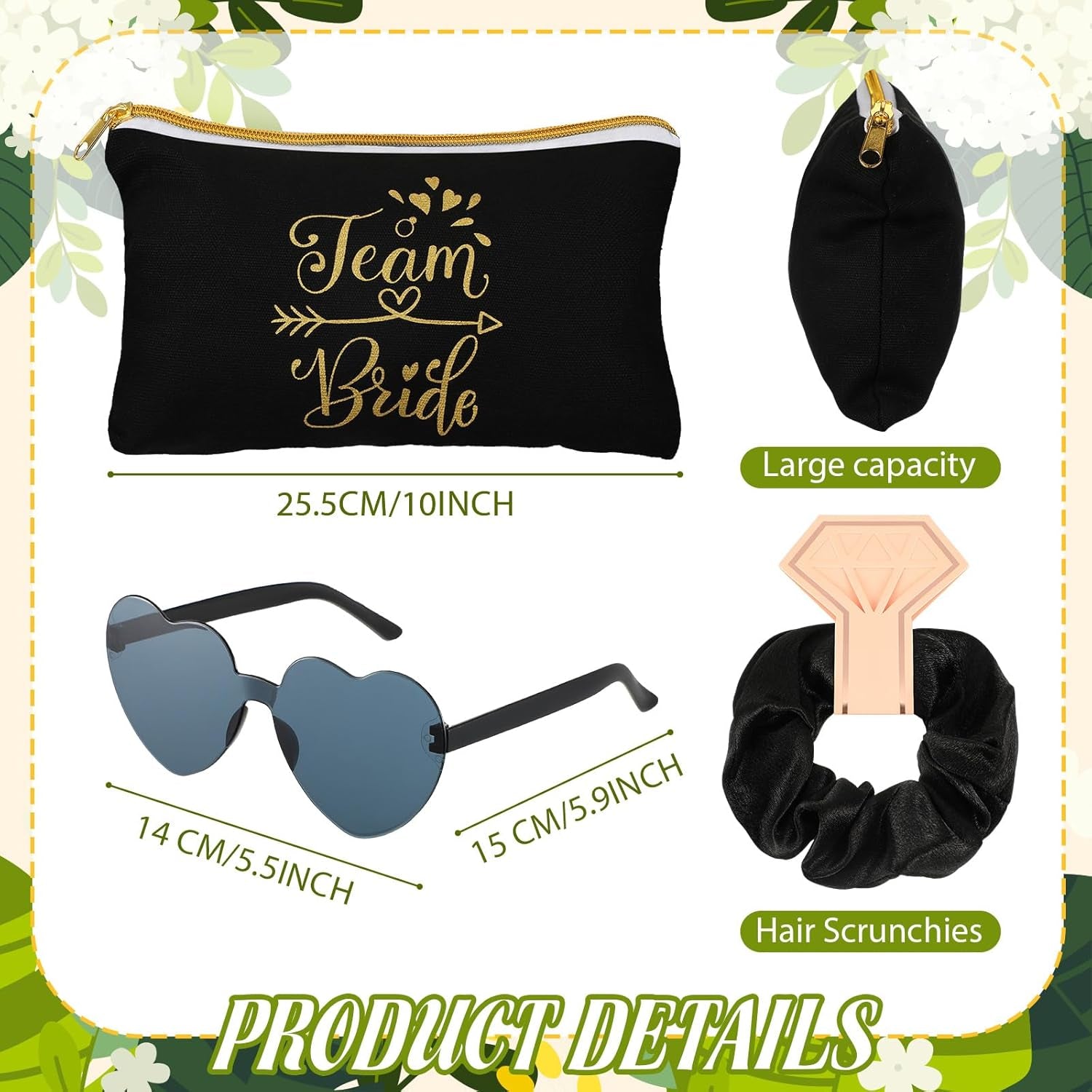 27 Pcs Bridesmaid Proposal Gift Bride Cosmetic Makeup Bags Bridal Hair Scrunchies Ties Heart Shape Sunglasses for Wedding Bachelorette Party Favor(Black, White)