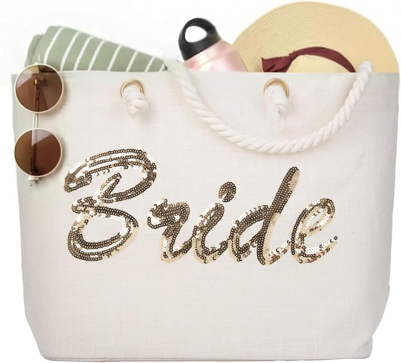 Bride Tote Bag, Jute Silver Sequin Interior Pocket, Wedding Party Honeymoon Gifts for Her
