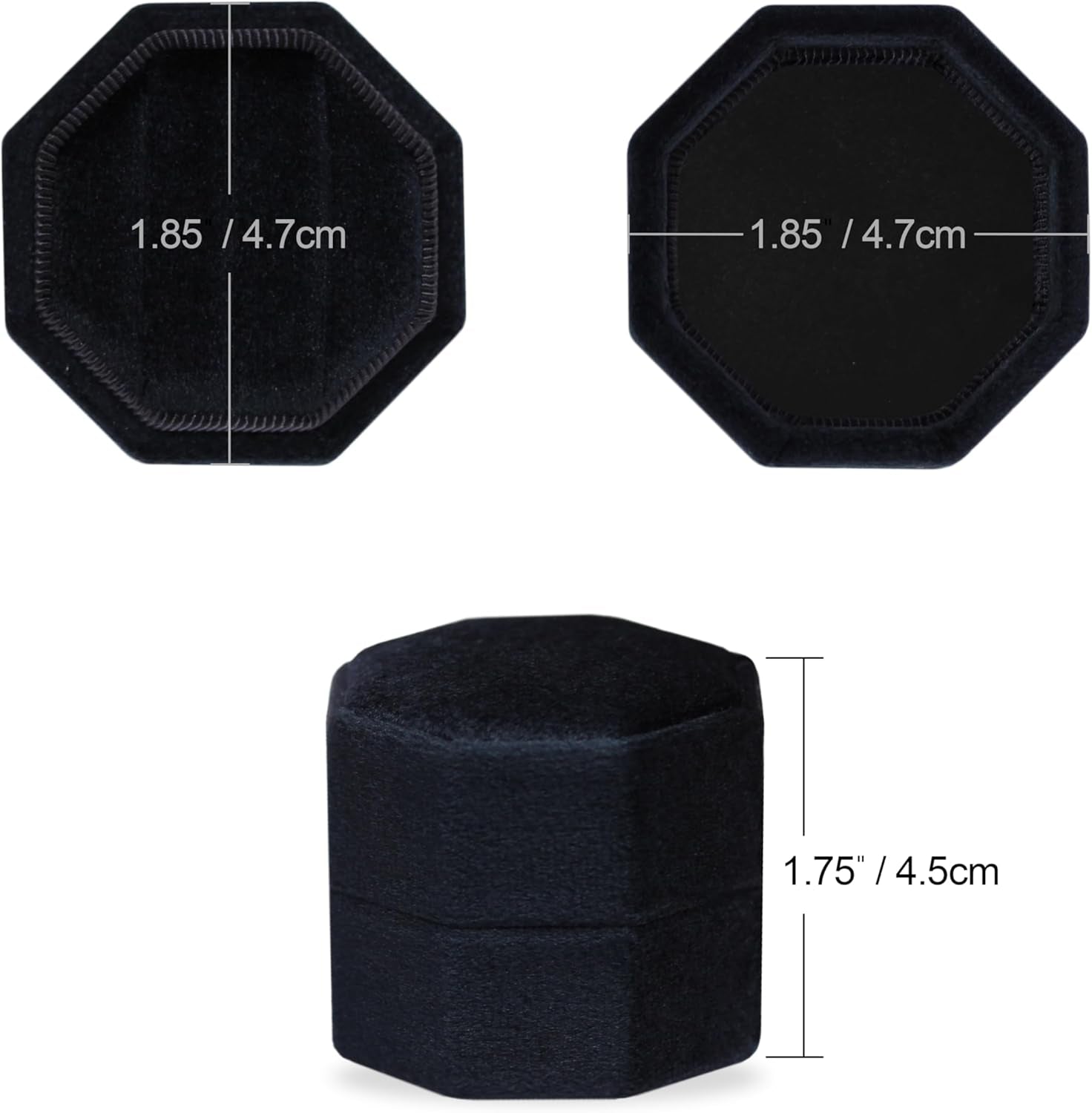 Velvet 3 Slots Jewelry Ring Box Engagement Wedding Box Keepsake Box Bridal Photo Ring Triple Slots Octagon (Black)