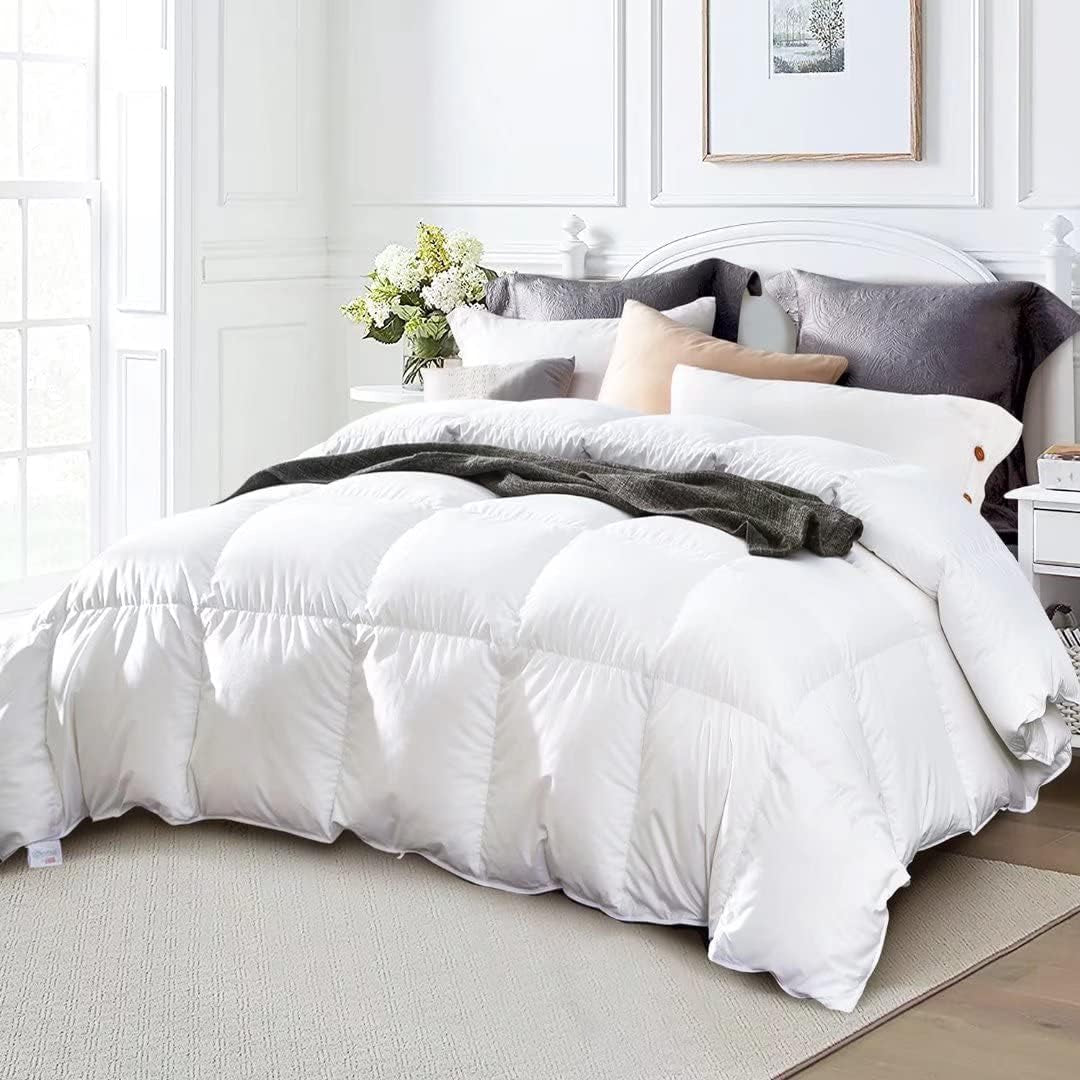 King Size down Comforter - All Season Duvet Insert with Medium Warmth, Soft and Noiseless Shell,8 Corner Tabs, and Machine Washable - White