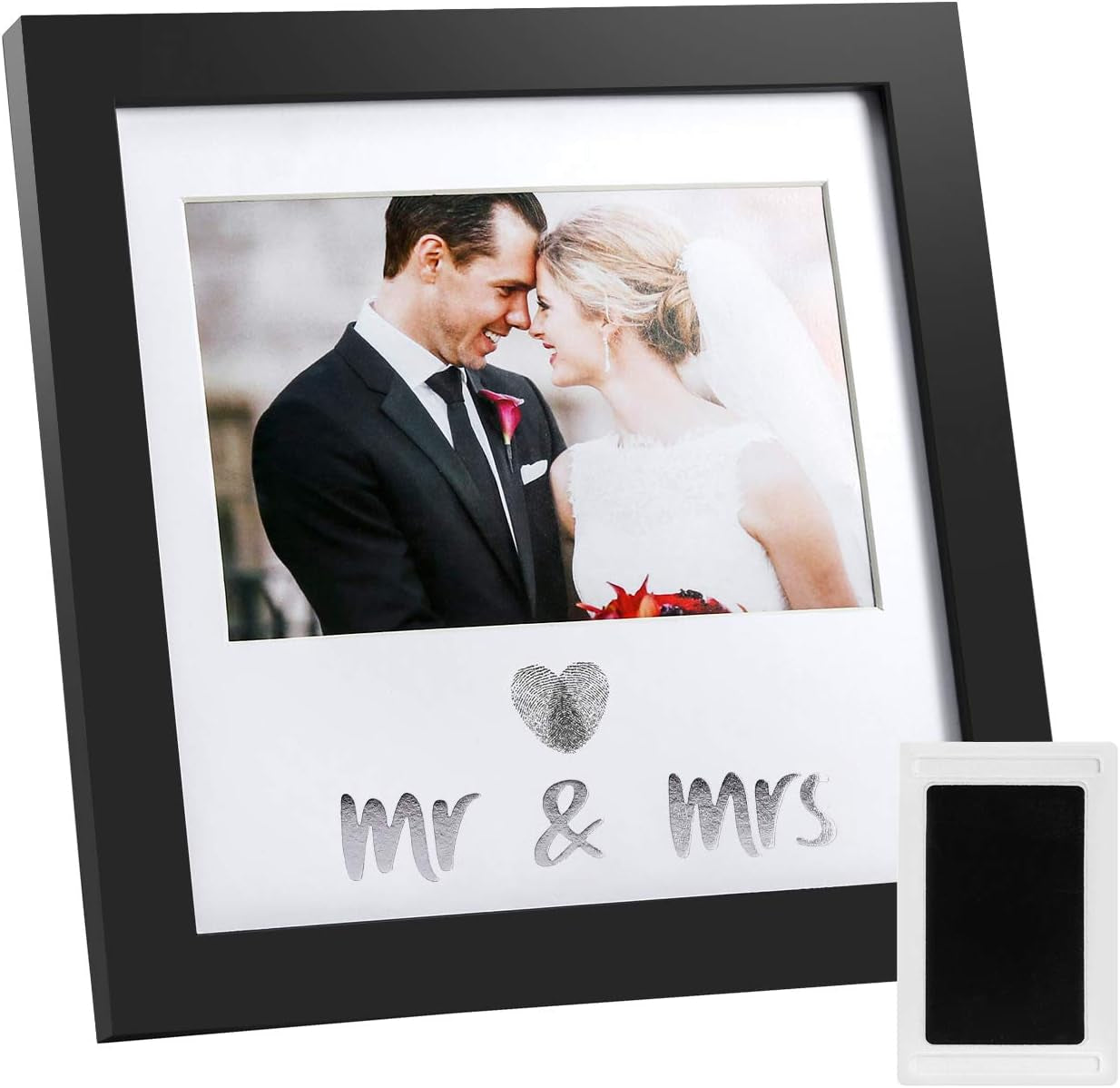 Heart Thumbprint Keepsake Frame and Ink Kit,Wedding Picture Frame Wedding Registry Idea Shower Gift for Bride Newlywed (Black Frame, Silver Text)