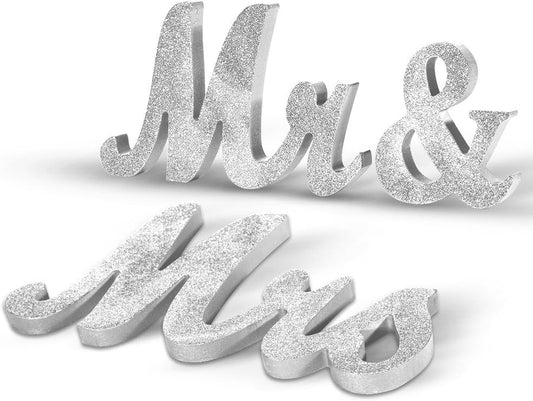 Vintage Style Silver Glitter Mr and Mrs Signs for Wedding Sweetheart Table, Wooden Freestanding Letters, Photo Props, Rustic Decoration, Anniversary Shower