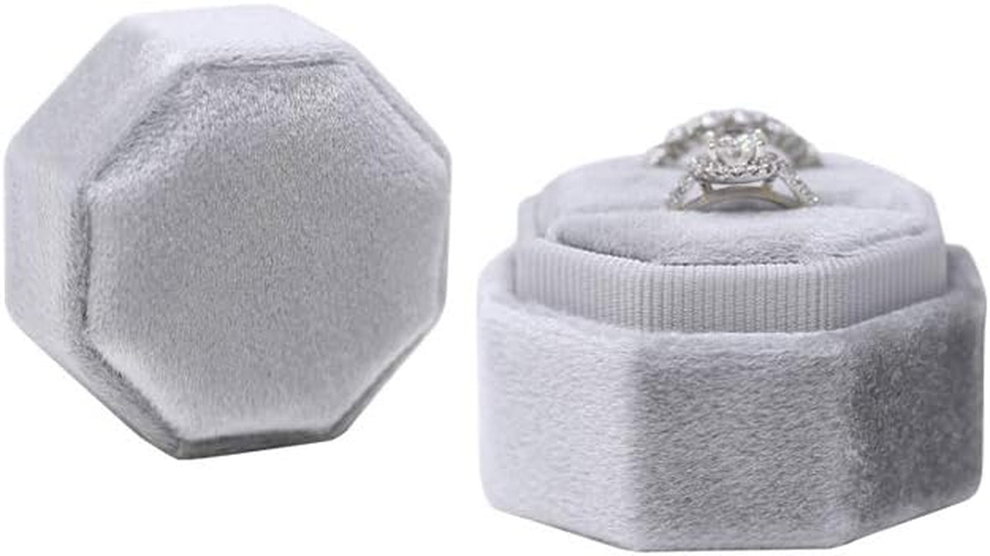 Velvet 2 Slots Jewelry Ring Box Engagement Wedding Box Keepsake Box Bridal Photo Ring Double Slots Octagon (Grey)