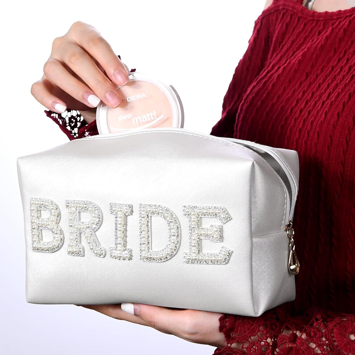 Bride Letter Makeup Bag Pearl Patch Bride Cosmetic Bag Rhinestone Travel Toiletry Bag Waterproof Zipper Purse for Bachelorette Party Women Wedding Bridal Bridesmaid Gifts Engagement Gift