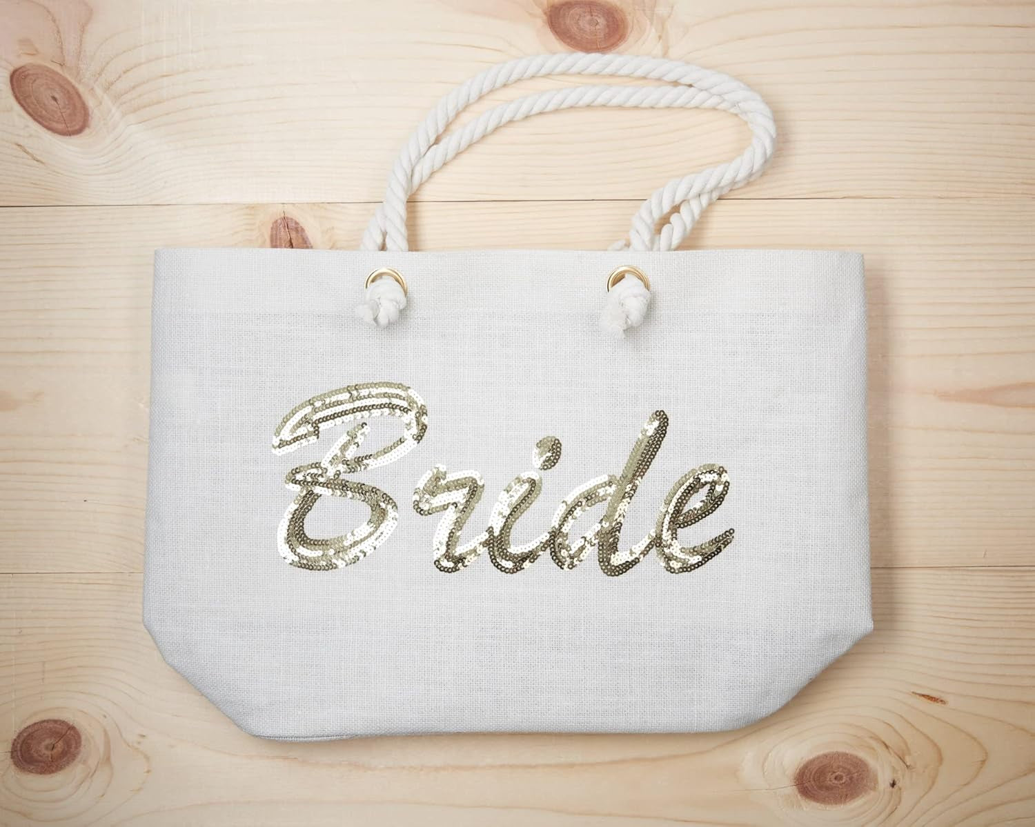 Bride Tote Bag, Jute Silver Sequin Interior Pocket, Wedding Party Honeymoon Gifts for Her