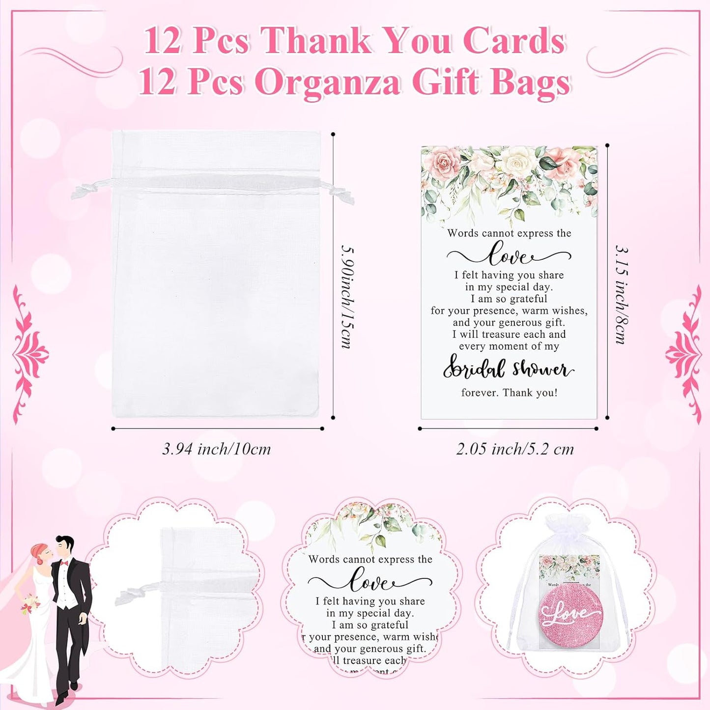 12 Sets Bridal Shower Favors for Guests 12 Pink Compact Mirror Bulk 12 Thank You Cards with Organza Bags Wedding Party Favors Bridesmaid Souvenir Gifts