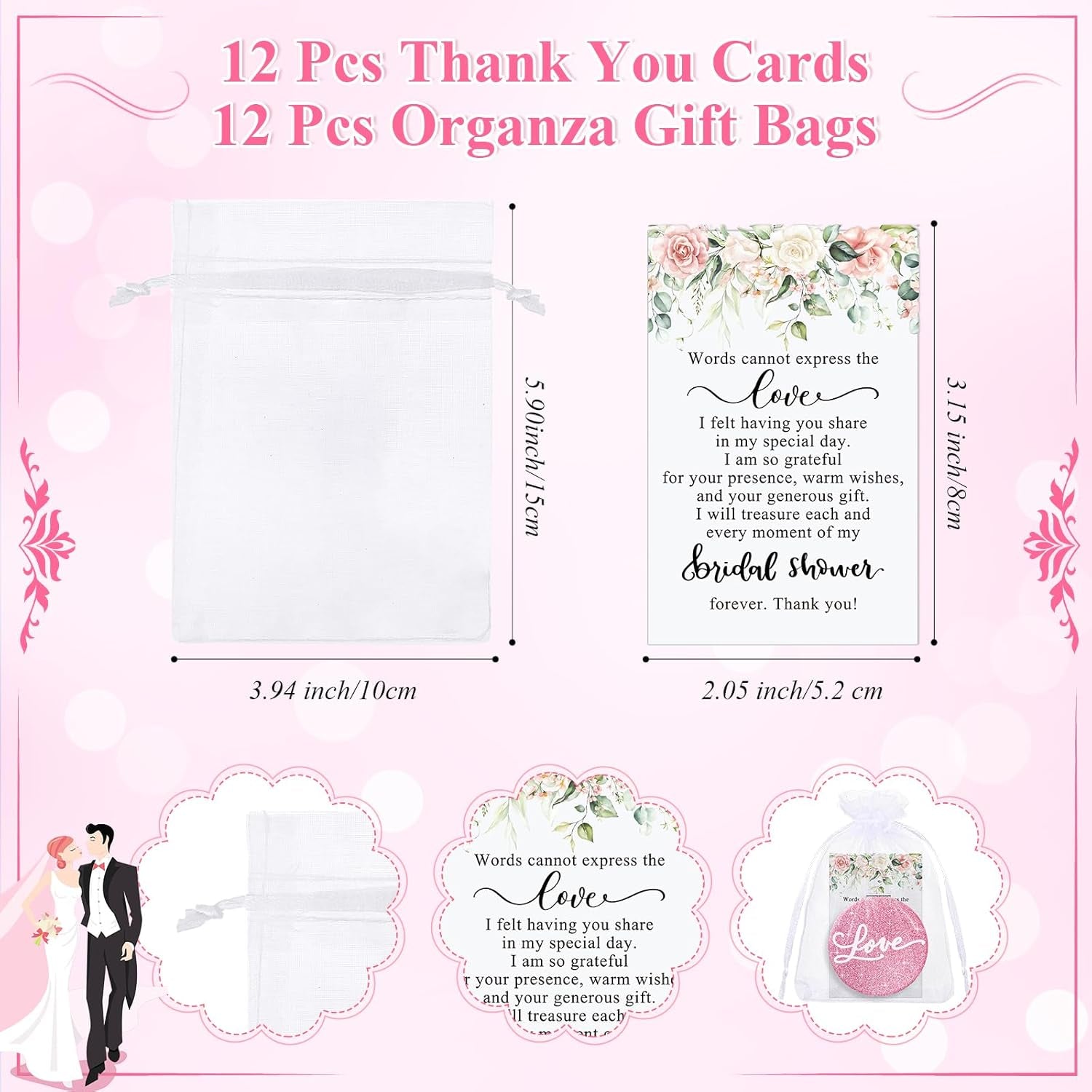 12 Sets Bridal Shower Favors for Guests 12 Pink Compact Mirror Bulk 12 Thank You Cards with Organza Bags Wedding Party Favors Bridesmaid Souvenir Gifts