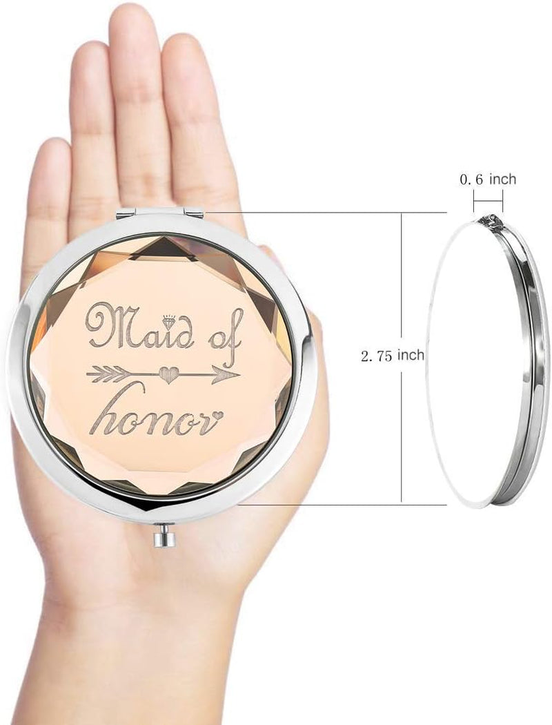 Pack of 11 Bridesmaid Gifts Set Include 1 Bride 1 Maid of Honor 9 Bridesmaid Pocket Compact Makeup Mirrors for Bachelorette Party Bridesmaid Proposal Gifts. (Champagne)