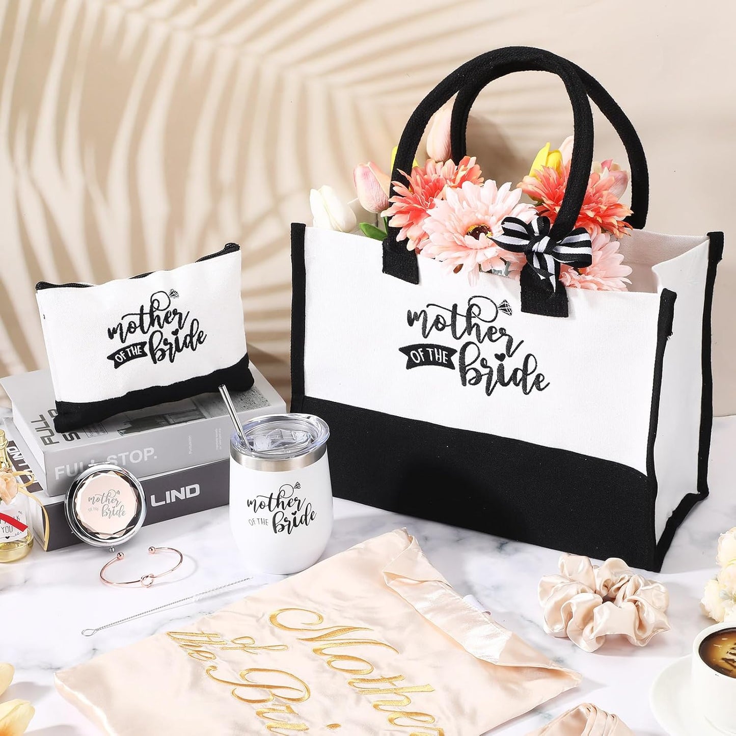 14 Pcs Mother of the Bride and Groom Gifts Set Wedding Satin Robe Canvas Tote Bag with Makeup Bag 12 Oz Tumbler Cup Small Makeup Mirror Scrunchies Knot Bracelet Wedding Gift for Mom(Champagne)