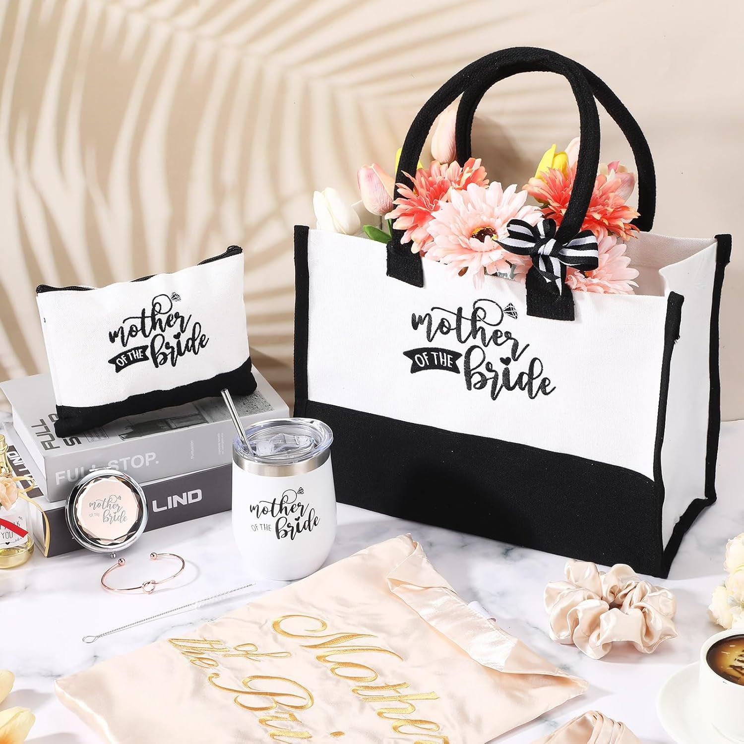 14 Pcs Mother of the Bride and Groom Gifts Set Wedding Satin Robe Canvas Tote Bag with Makeup Bag 12 Oz Tumbler Cup Small Makeup Mirror Scrunchies Knot Bracelet Wedding Gift for Mom(Champagne)