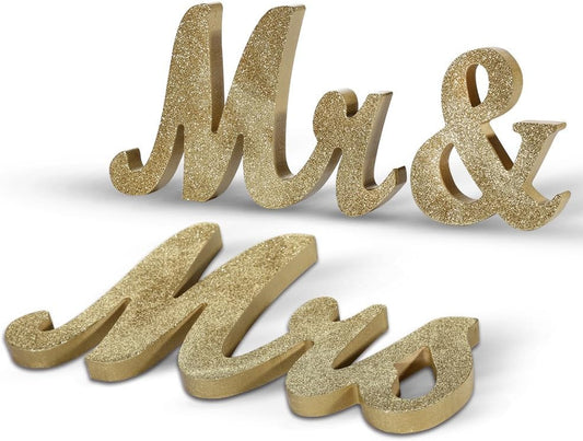 Mr & Mrs Freestanding Wooden Letters - Glitter Finish - Perfect for Sweetheart Table or Rustic Wedding Decor, Anniversary, Showers (Golden)