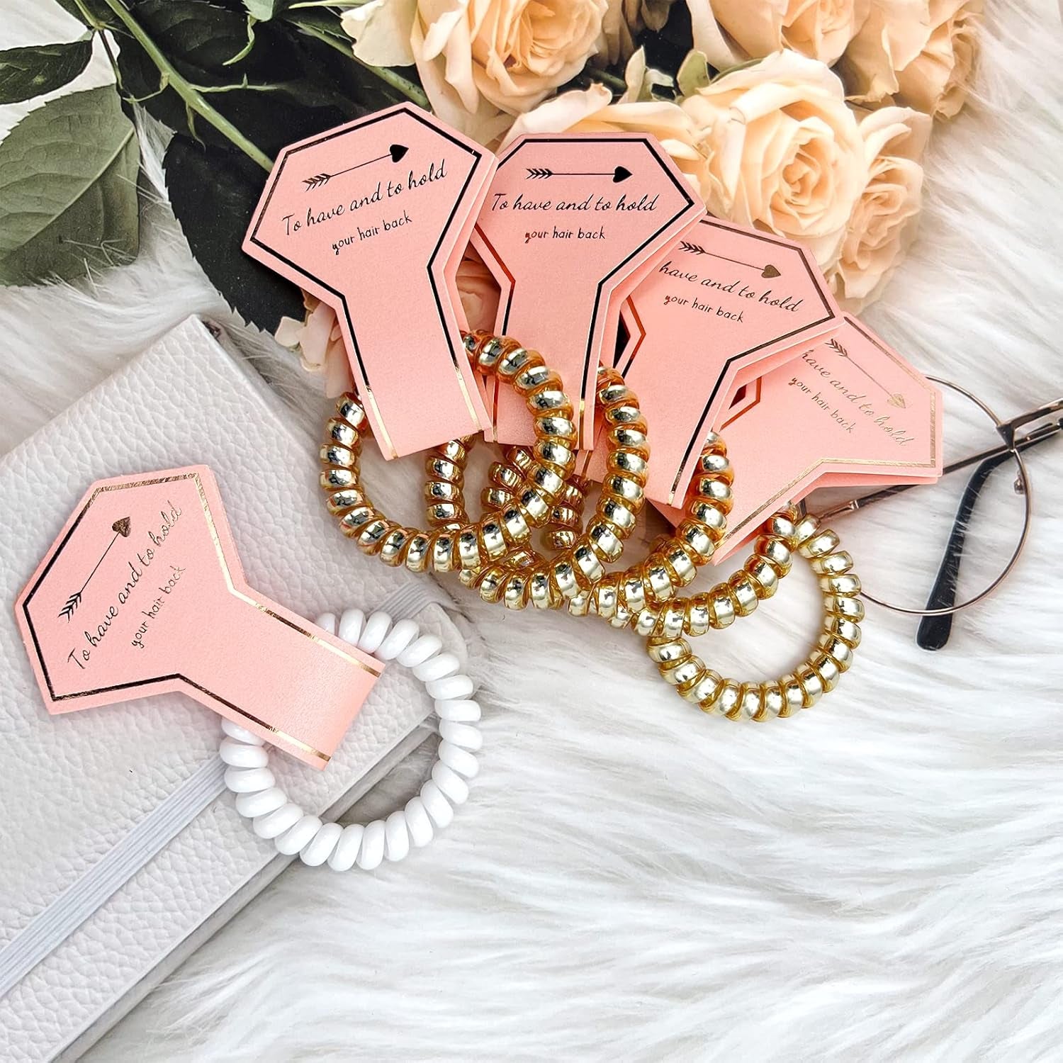 8Pcs Spiral Hair Ties, Bridesmaid Hair Ties, Bachelorette Party Favors, Bridesmaid Proposal Gifts for Wedding/Bridal Party (Champagne & White)