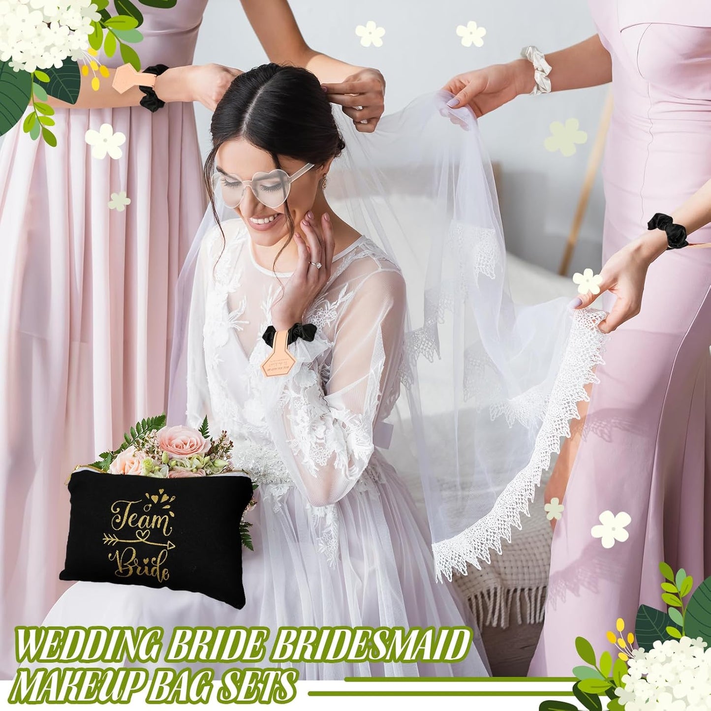 27 Pcs Bridesmaid Proposal Gift Bride Cosmetic Makeup Bags Bridal Hair Scrunchies Ties Heart Shape Sunglasses for Wedding Bachelorette Party Favor(Black, White)