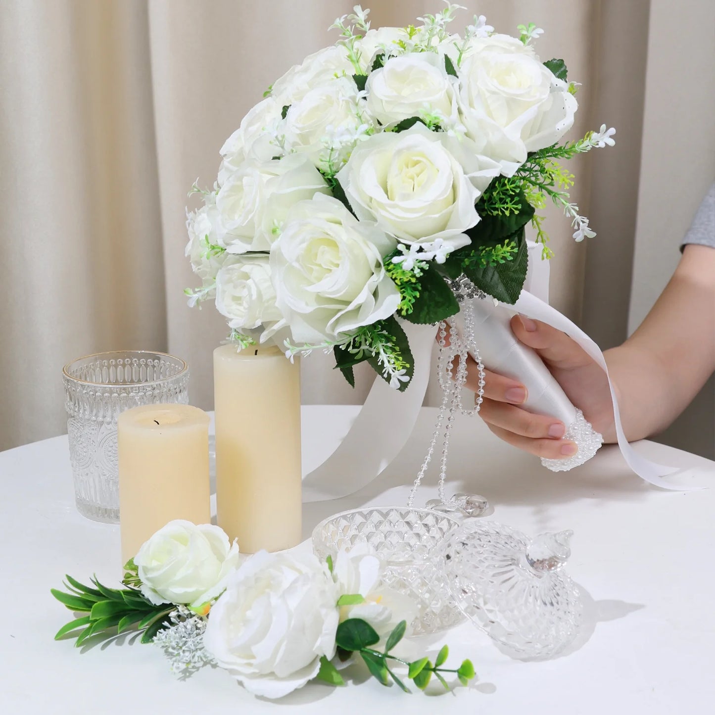 12 Inch Wedding Bouquets for Bride and Bridesmaids, Tossing Artificial Flower Bouquets for Wedding, Wedding Decorations, White