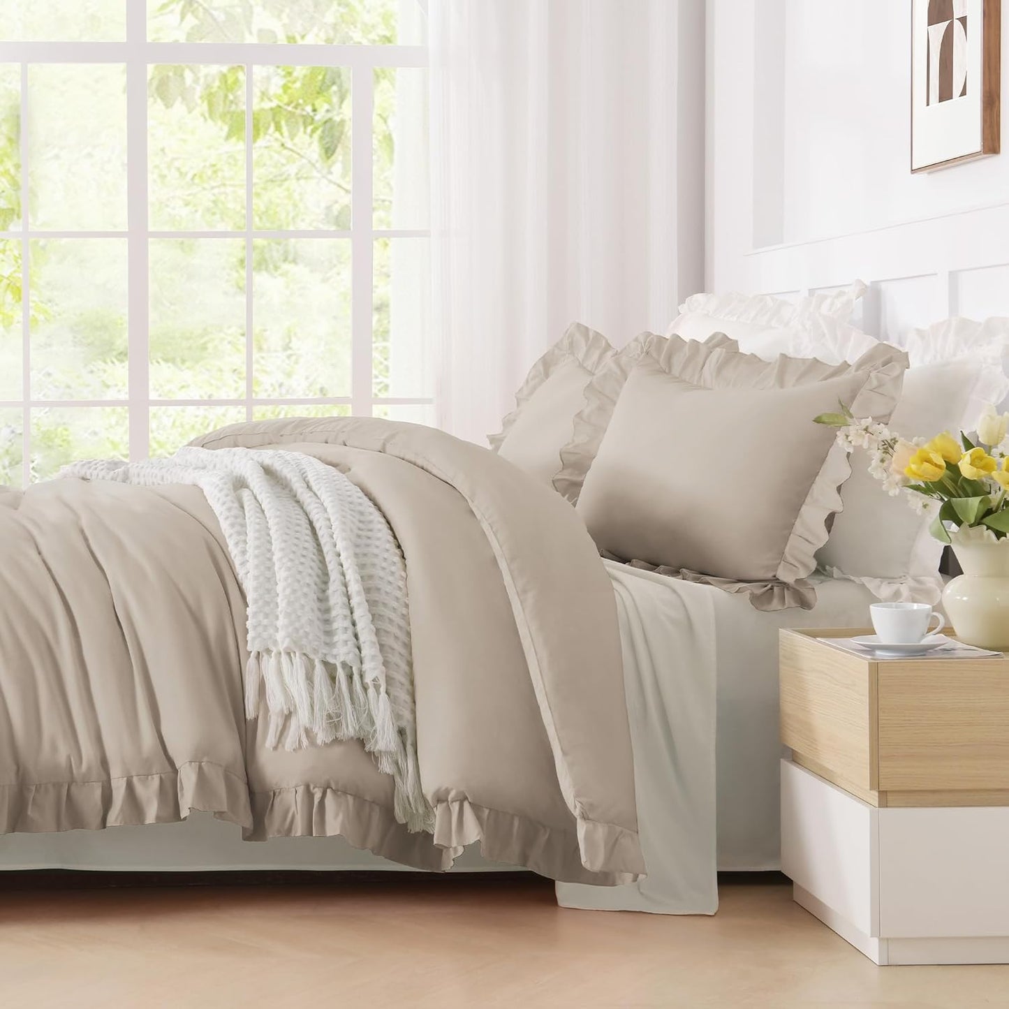 Wheat Ruffle Comforter Set, 2 Pieces Kids Comforter Set Twin(66X90Inch), Farmhouse Shabby Chic Comforter Set, Soft Microfiber Kids Bedding Set