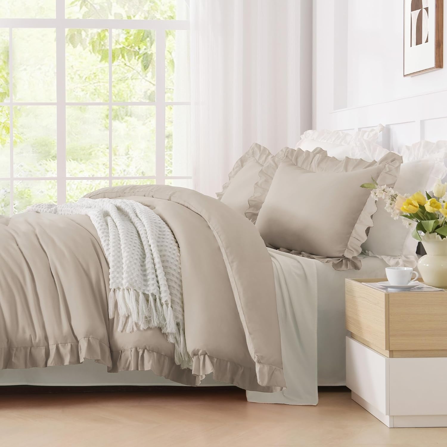 Wheat Ruffle Comforter Set, 2 Pieces Kids Comforter Set Twin(66X90Inch), Farmhouse Shabby Chic Comforter Set, Soft Microfiber Kids Bedding Set