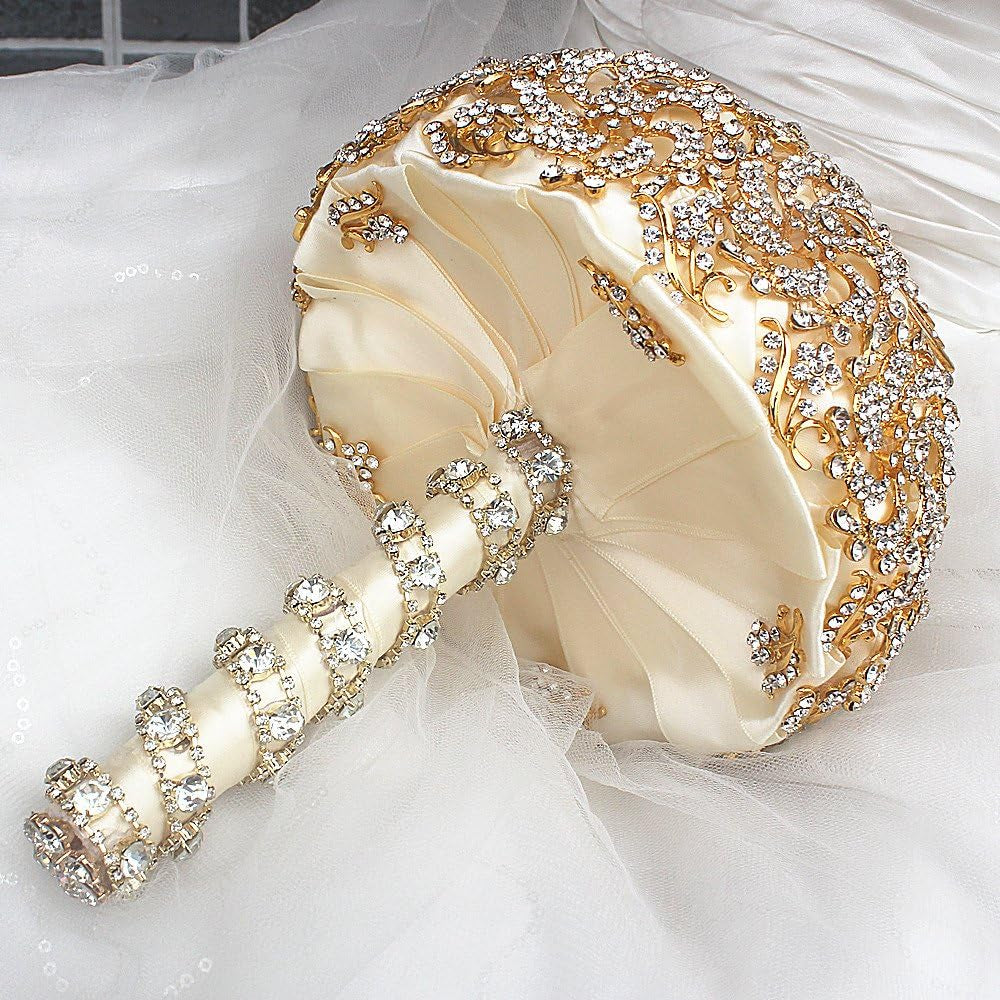 Wedding Bouquet with Golden Luxury Artificial Diamond,Set Including Bouquets, Wrist Flowers,Corsage for Your Wedding with Full Hand-Made (Gold+Ivory)