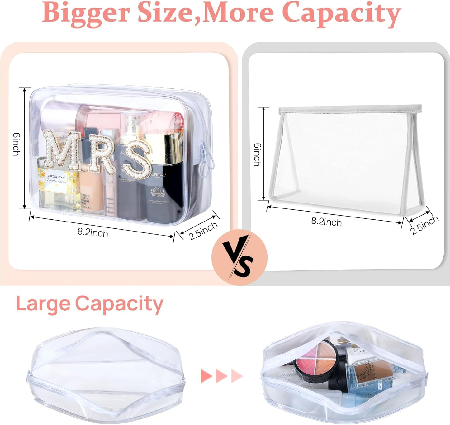 MRS Clear Cosmetic Bag, Bachelorette Gifts for Bride Makeup Bag, Portable PVC Travel Toiletry Bag Bling Pearl Rhinestone Patch Letter Bags for Engagement Party Women Wedding Bridal (Gold)