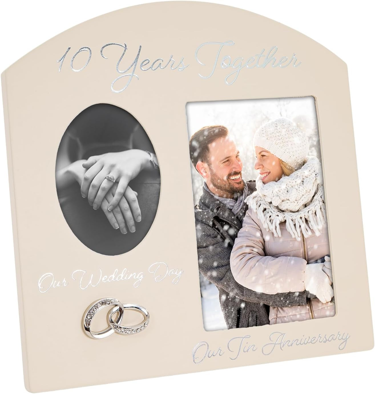 Contemporary 10 Years Together Then and Now Tin Anniversary Light Beige Frame with Double Silver Rings | Beautiful 10Th Anniversary Picture Frame
