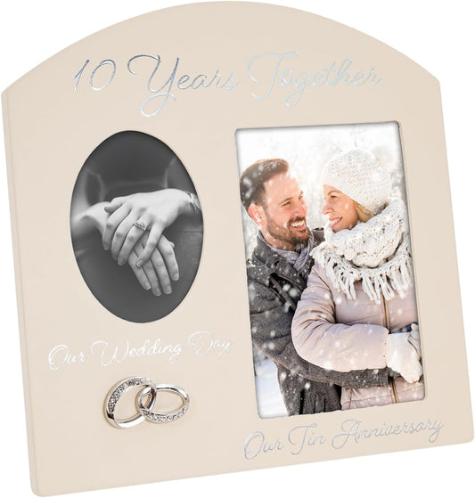 Contemporary 10 Years Together Then and Now Tin Anniversary Light Beige Frame with Double Silver Rings | Beautiful 10Th Anniversary Picture Frame