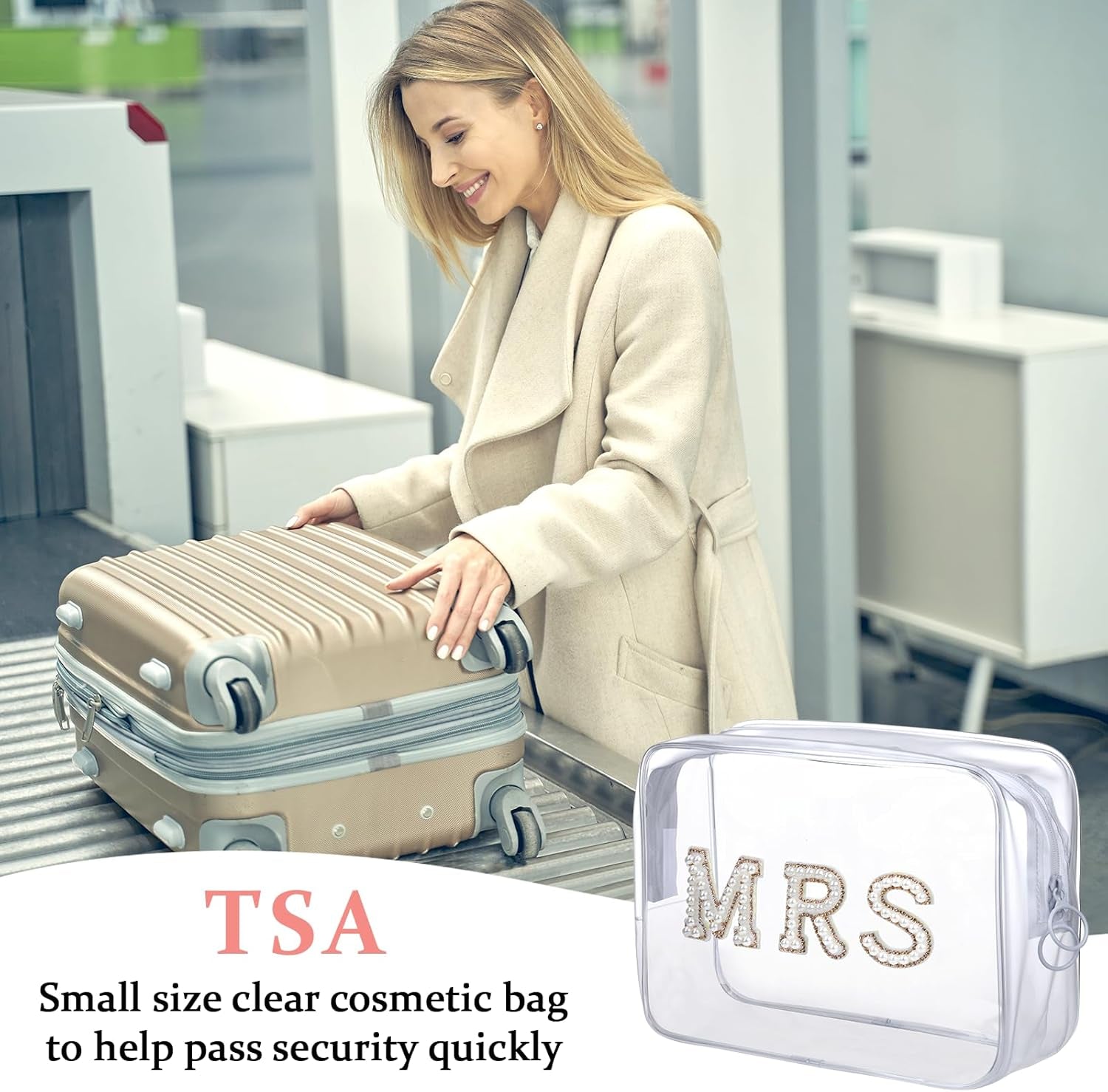 MRS Clear Cosmetic Bag, Bachelorette Gifts for Bride Makeup Bag, Portable PVC Travel Toiletry Bag Bling Pearl Rhinestone Patch Letter Bags for Engagement Party Women Wedding Bridal (Gold)