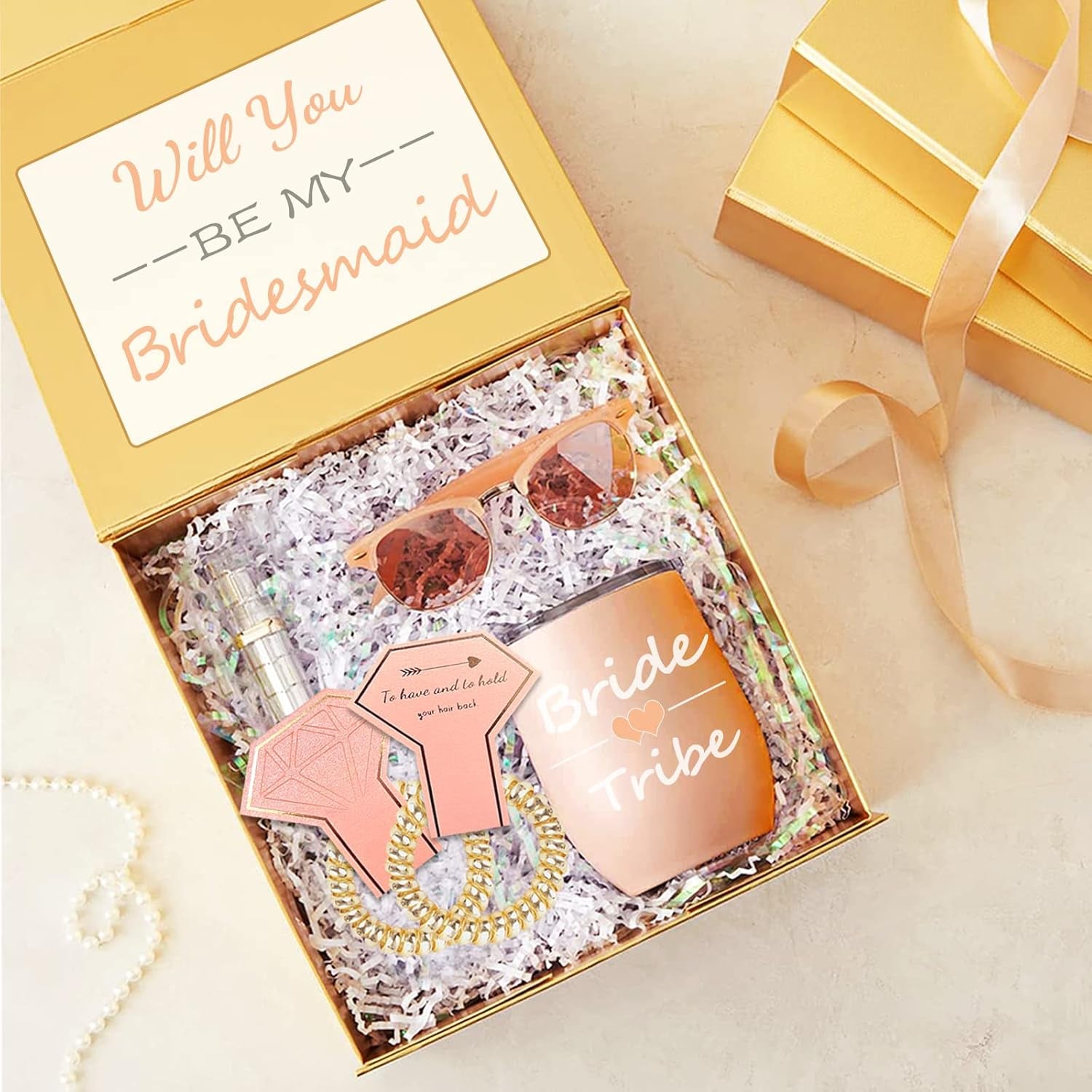 8Pcs Spiral Hair Ties, Bridesmaid Hair Ties, Bachelorette Party Favors, Bridesmaid Proposal Gifts for Wedding/Bridal Party (Champagne & White)