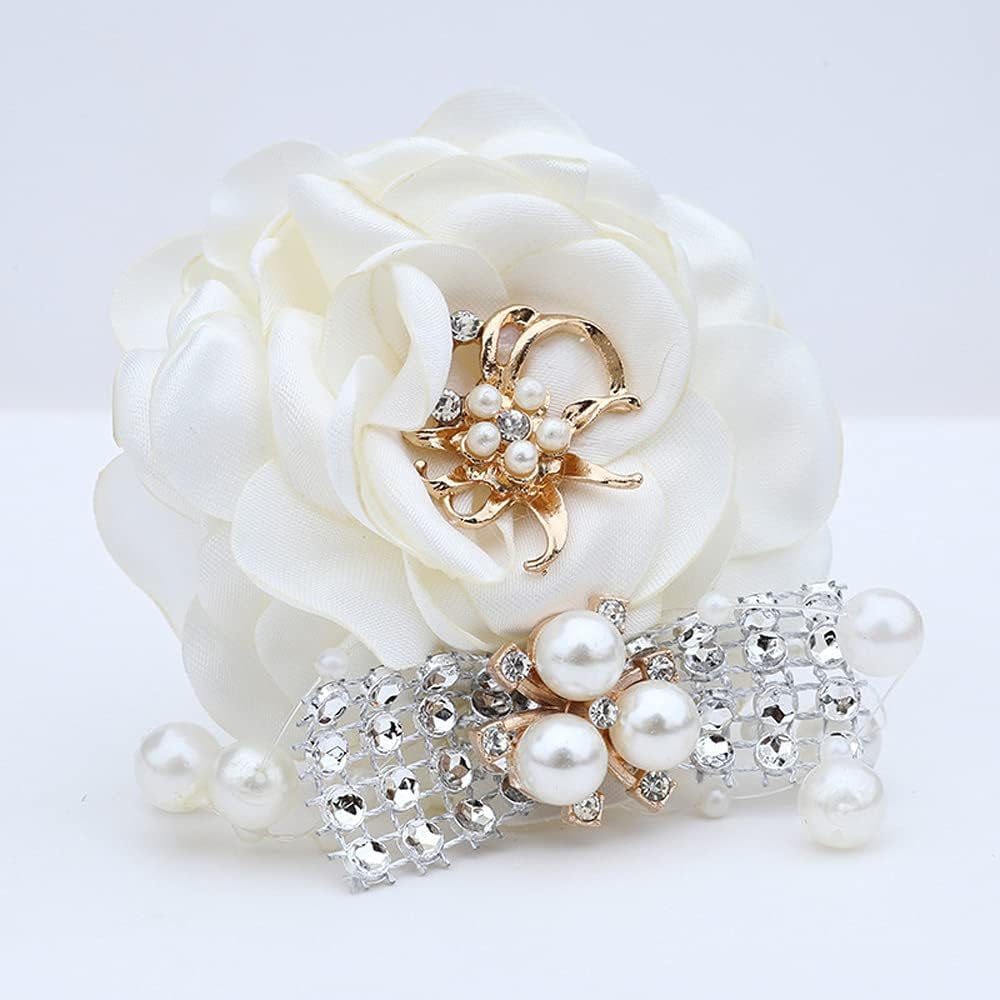 Handmade Artificial Rose Wrist Corsage and Boutonniere Set for Men White Wedding Flowers Accessories Party Prom Suit Decorations (White)
