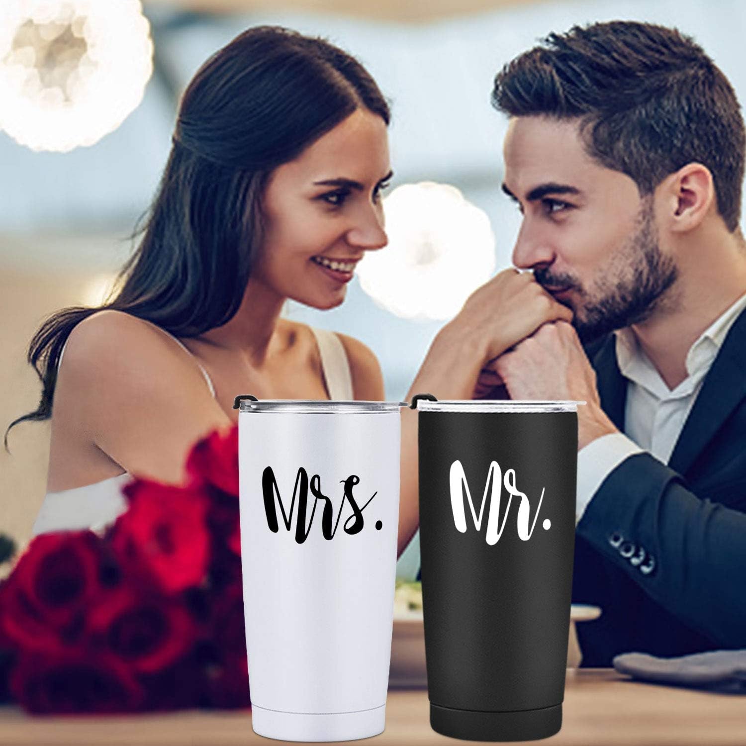 Mr and Mrs Tumbler Set of 2 Stainless Steel Travel Tumbler Ideas for Newlyweds Couples Wife Bride to Be Newly Engaged Bridal Shower, Insulated Travel Tumbler for Wedding Engagement(20 Oz, Black&White)