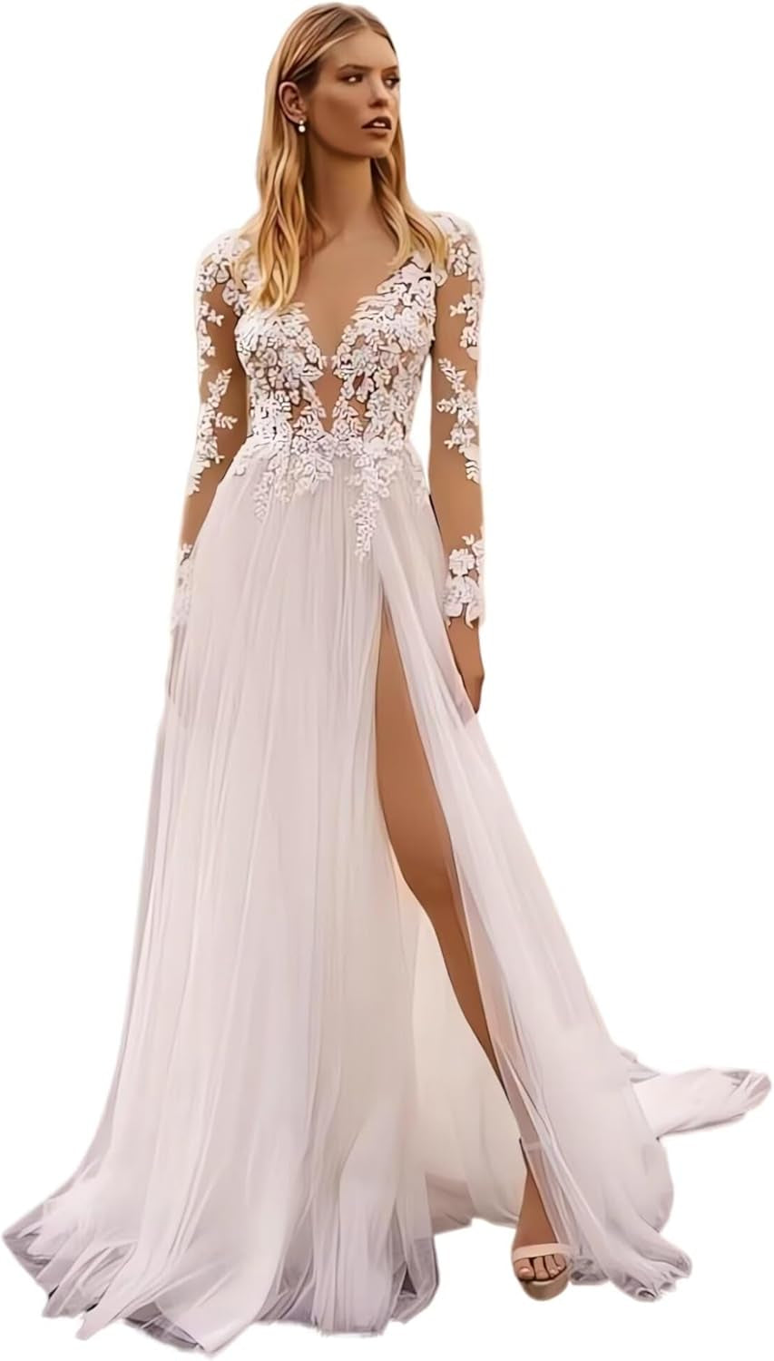 Long Sleeves Wedding Dresses for Bride 2025 Boho Beach A-Line Appliques Lace Bridal Ball Gowns with Train