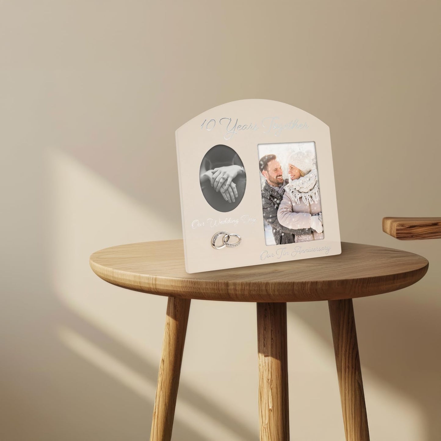 Contemporary 10 Years Together Then and Now Tin Anniversary Light Beige Frame with Double Silver Rings | Beautiful 10Th Anniversary Picture Frame