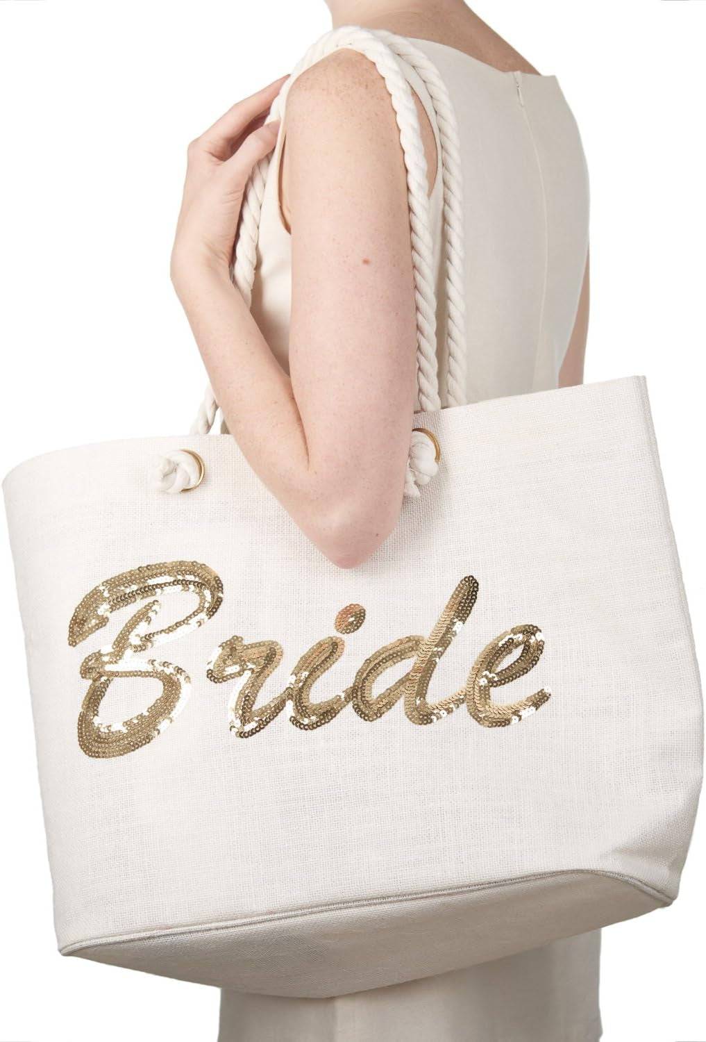 Bride Tote Bag, Jute Silver Sequin Interior Pocket, Wedding Party Honeymoon Gifts for Her
