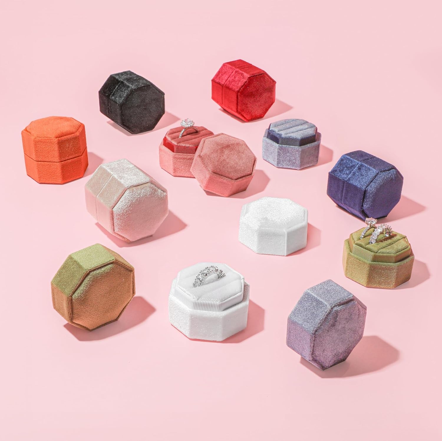 Velvet 3 Slots Jewelry Ring Box Engagement Wedding Box Keepsake Box Bridal Photo Ring Triple Slots Octagon (Black)