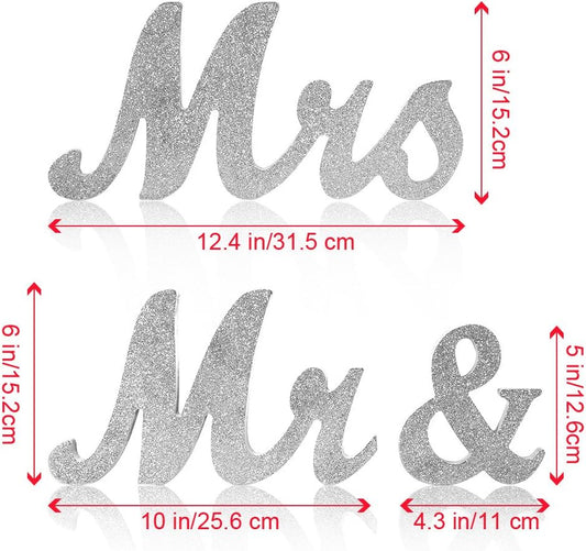Vintage Style Silver Glitter Mr and Mrs Signs for Wedding Sweetheart Table, Wooden Freestanding Letters, Photo Props, Rustic Decoration, Anniversary Shower