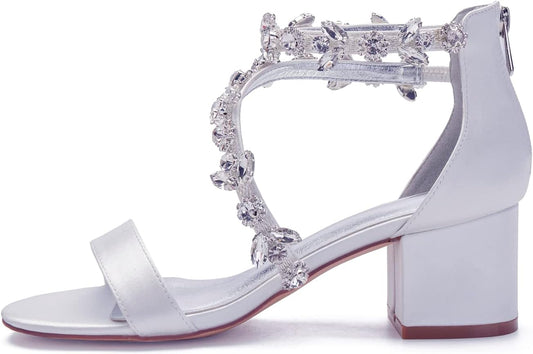 Women'S Low Block Heel Sandals Chunky Ankle Strap Crystal Wedding Dress Shoes Low Heel Comfortable Pump Sandals