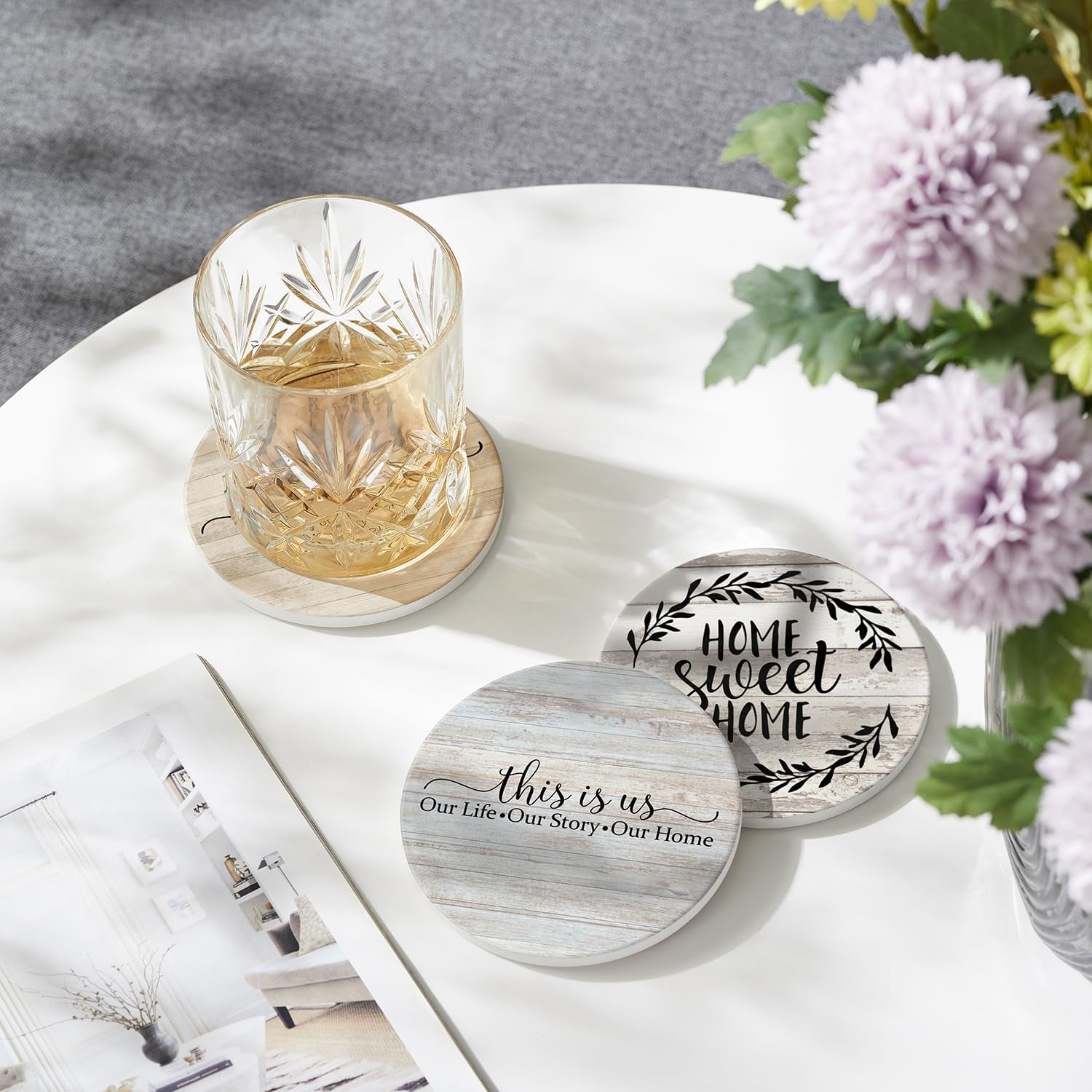 Coasters for Drinks, Set of 6 Absorbent Drink Coasters with Holder, Farmhouse Style Ceramic Drink Coasters with Cork Backing for Table Protection, Housewarming Gifts for New Home