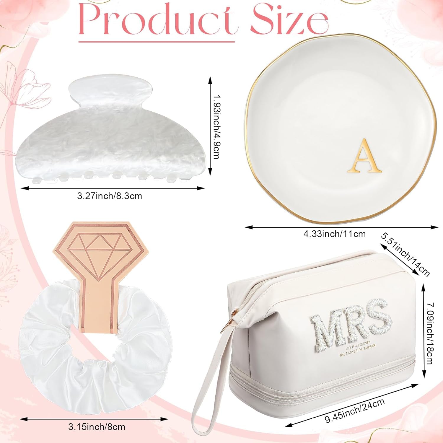 Personalized Initial Bridal Mrs Wedding Slippers Bride Wedding Ceramic Jewelry Tray Mrs White Pearl Letter Makeup Bag Claw Hair Clip Bridal Hair Tie for Women(Letter A)