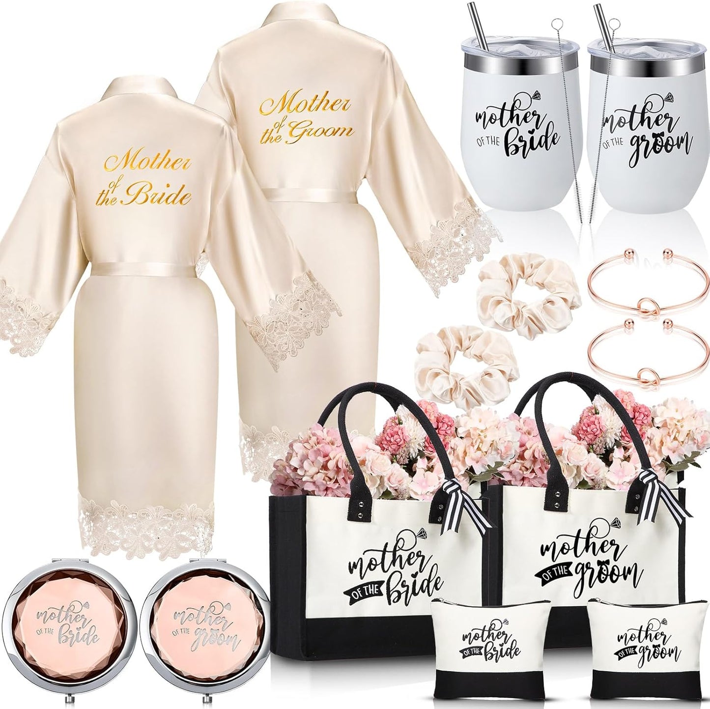 14 Pcs Mother of the Bride and Groom Gifts Set Wedding Satin Robe Canvas Tote Bag with Makeup Bag 12 Oz Tumbler Cup Small Makeup Mirror Scrunchies Knot Bracelet Wedding Gift for Mom(Champagne)