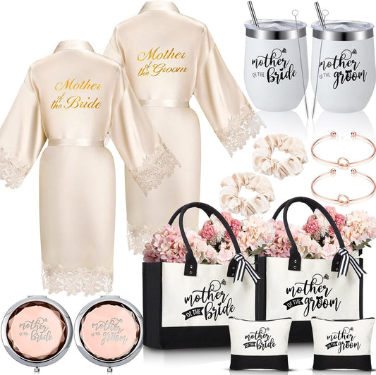 14 Pcs Mother of the Bride and Groom Gifts Set Wedding Satin Robe Canvas Tote Bag with Makeup Bag 12 Oz Tumbler Cup Small Makeup Mirror Scrunchies Knot Bracelet Wedding Gift for Mom(Champagne)