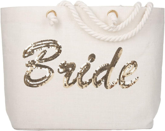 Bride Tote Bag, Jute Silver Sequin Interior Pocket, Wedding Party Honeymoon Gifts for Her