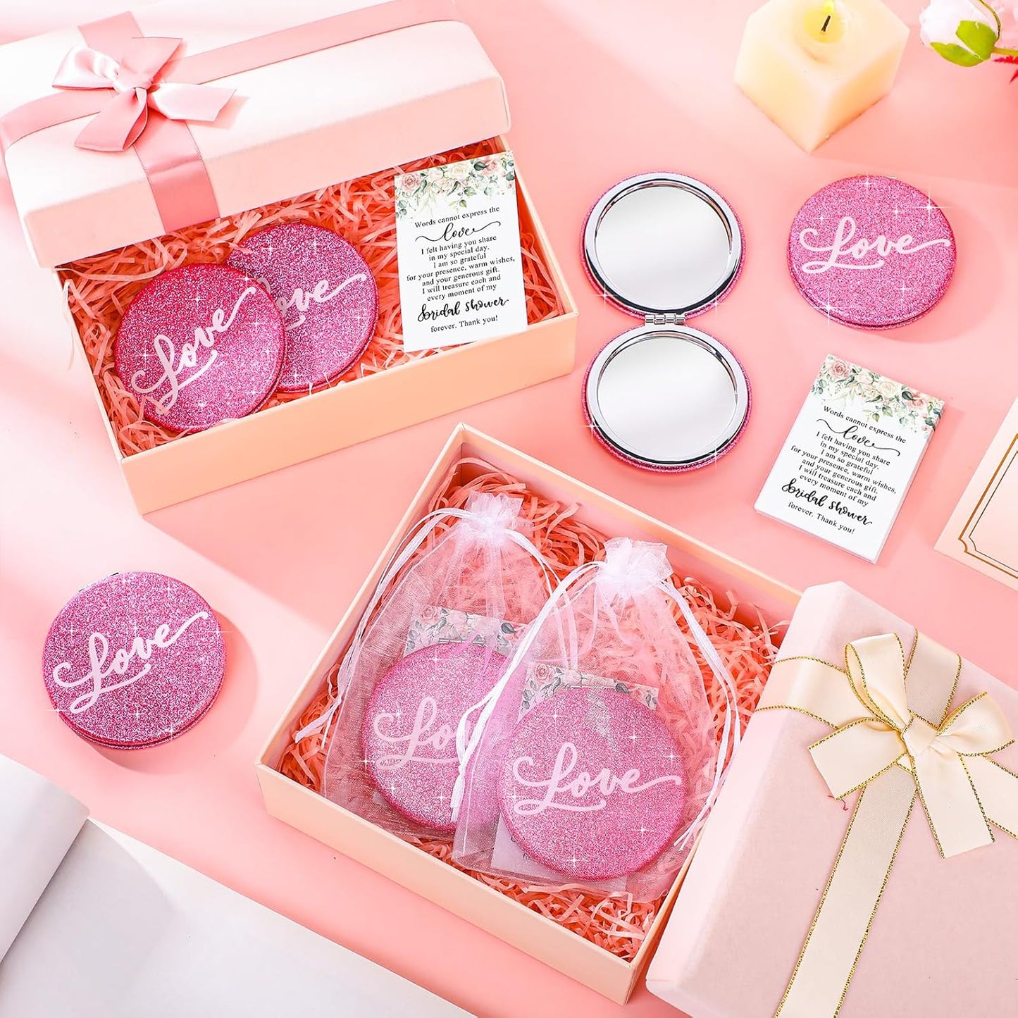 12 Sets Bridal Shower Favors for Guests 12 Pink Compact Mirror Bulk 12 Thank You Cards with Organza Bags Wedding Party Favors Bridesmaid Souvenir Gifts