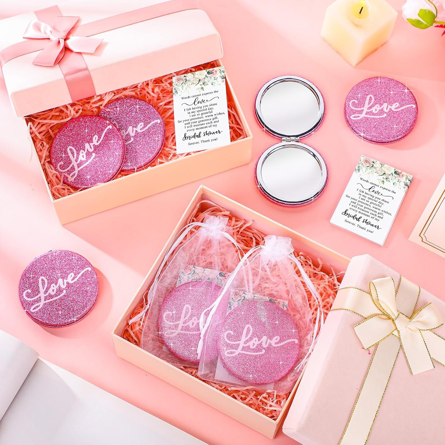 12 Sets Bridal Shower Favors for Guests 12 Pink Compact Mirror Bulk 12 Thank You Cards with Organza Bags Wedding Party Favors Bridesmaid Souvenir Gifts